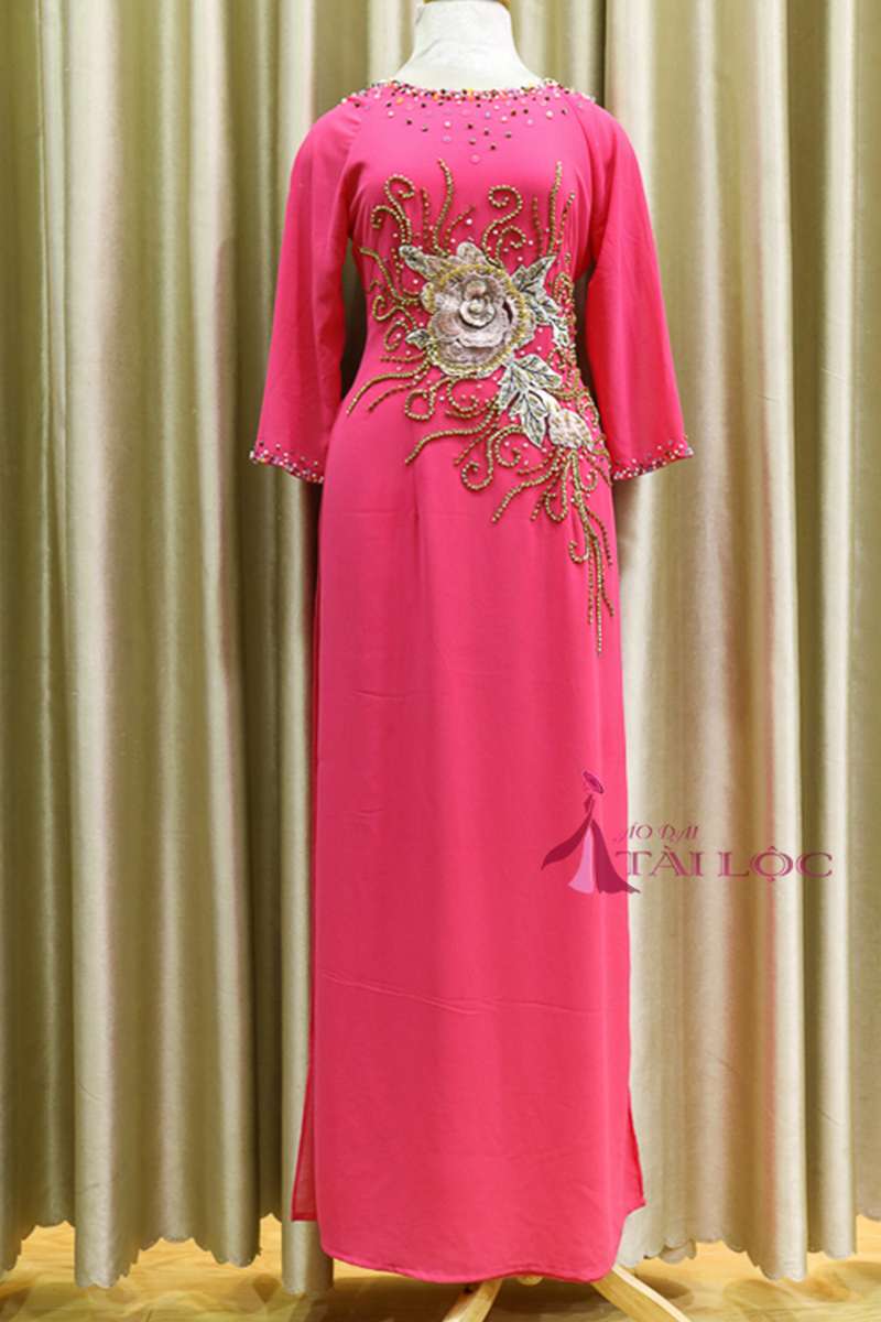 Áo dài truyền thống màu hồng hoa 10h Chaang may sẵn lụa my cao cấp cổ sen  tay dài dự tiệc lễ tết đẹp ADC056 - Chaang.vn - Áo dài Đẹp may