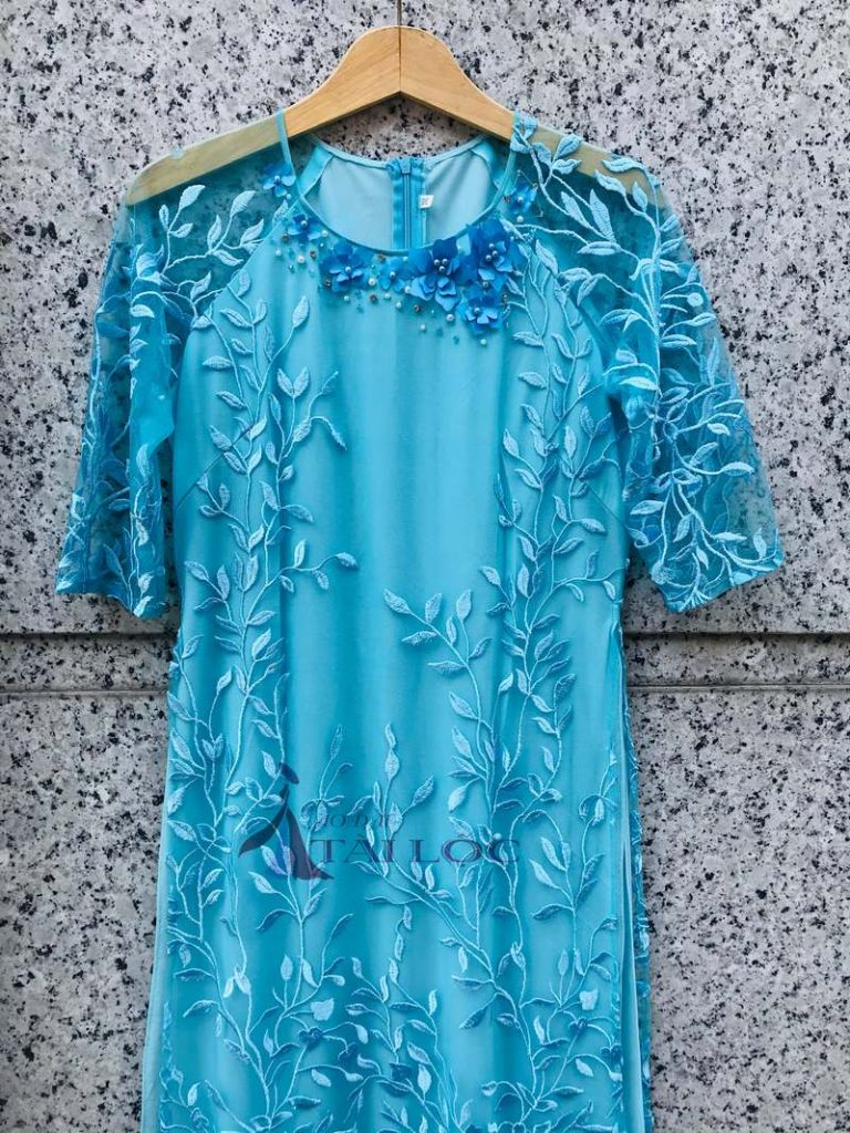 Áo Dài Bà Sui Xanh Ren 4 Tà