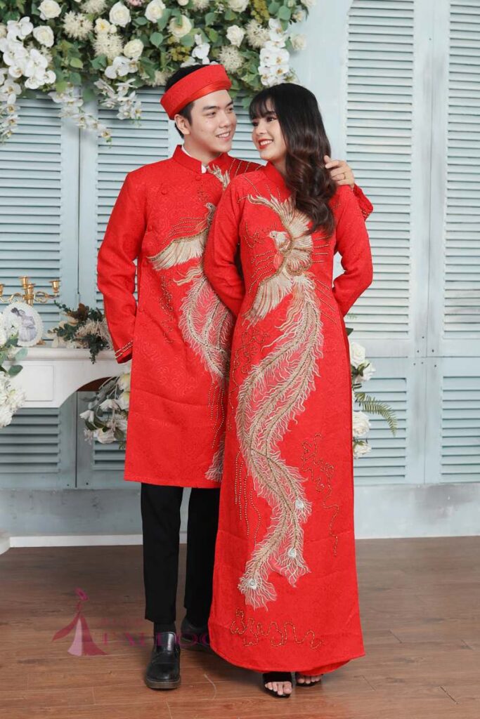 Áo dài cưới cặp đỏ gấm DG66