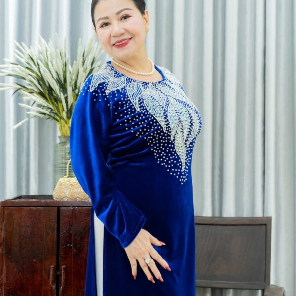 Áo dài bà sui nhung xanh coban XN248