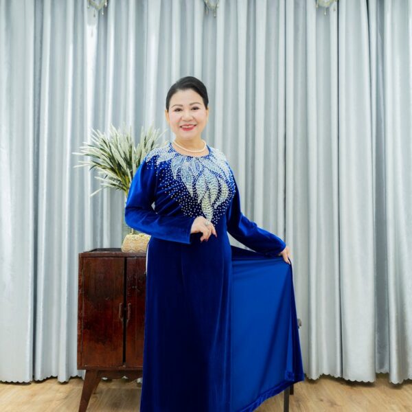 Áo dài bà sui nhung xanh coban XN248