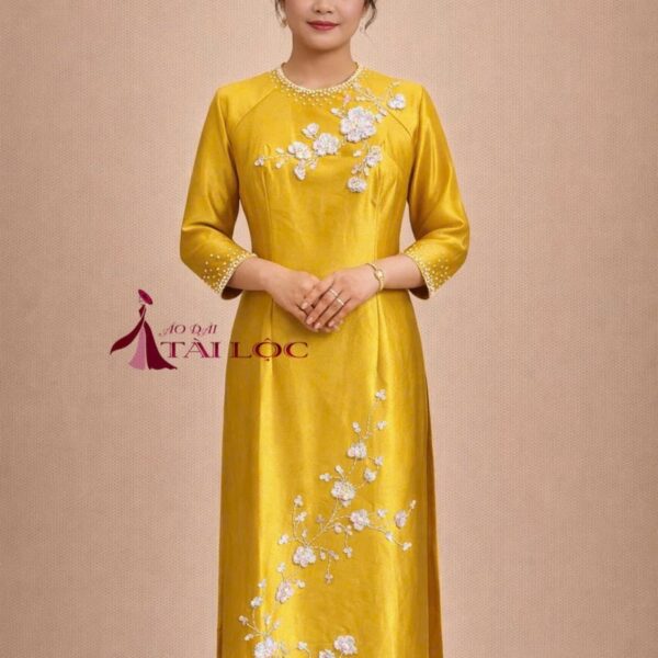 Áo dài bà sui vàng đồng lụa Ruby-V376