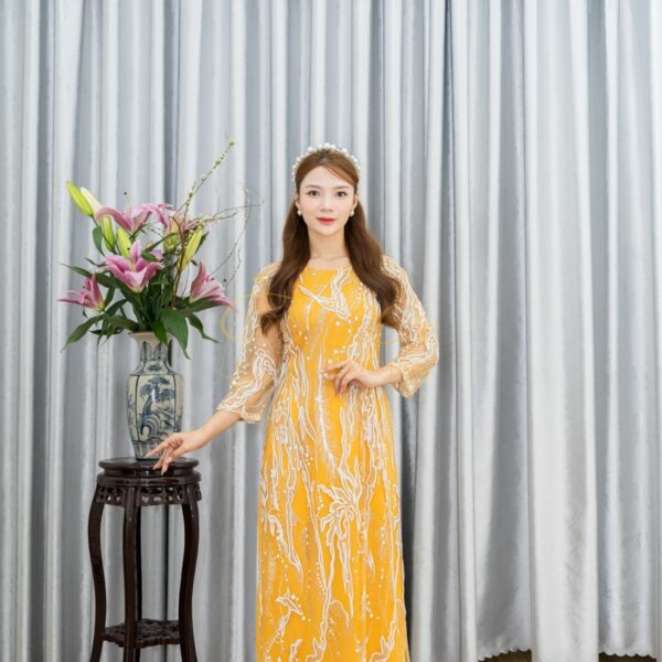 Áo dài bà sui vàng kim tuyến-V374
