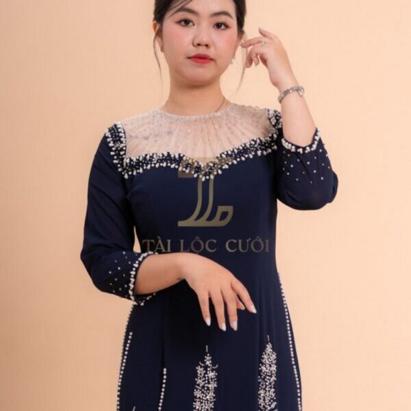 Áo dài bà sui xanh đen cổ lưới bông lúa - XD383