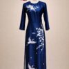 Áo dài bà sui xanh đen lua ruby kết cườm -XD384