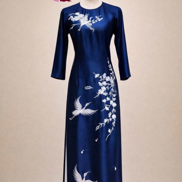 Áo dài bà sui xanh đen lua ruby kết cườm -XD384