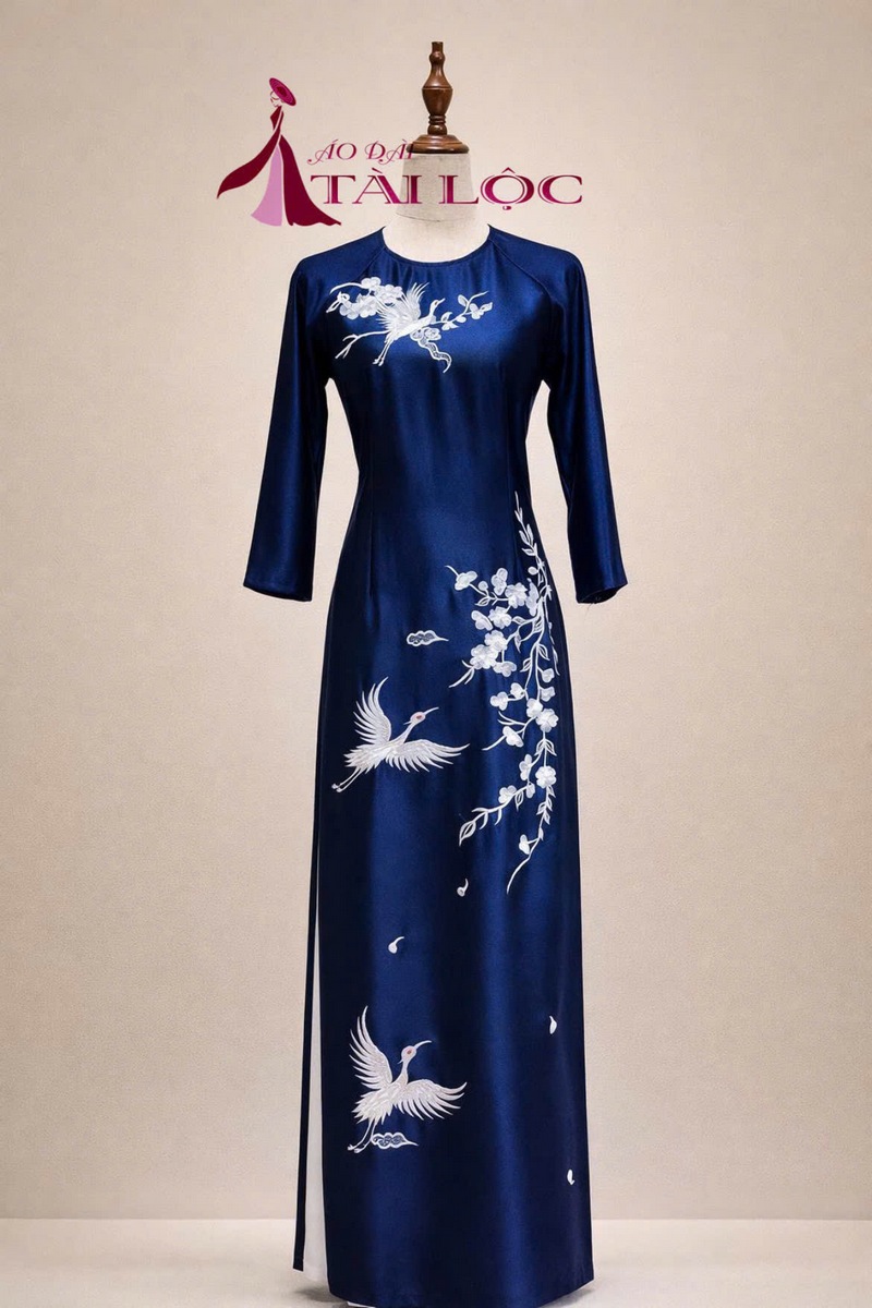 Áo dài bà sui xanh đen lua ruby kết cườm -XD384