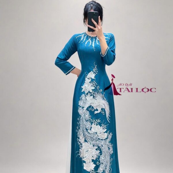 Áo dài bà sui xanh lụa mango-x393