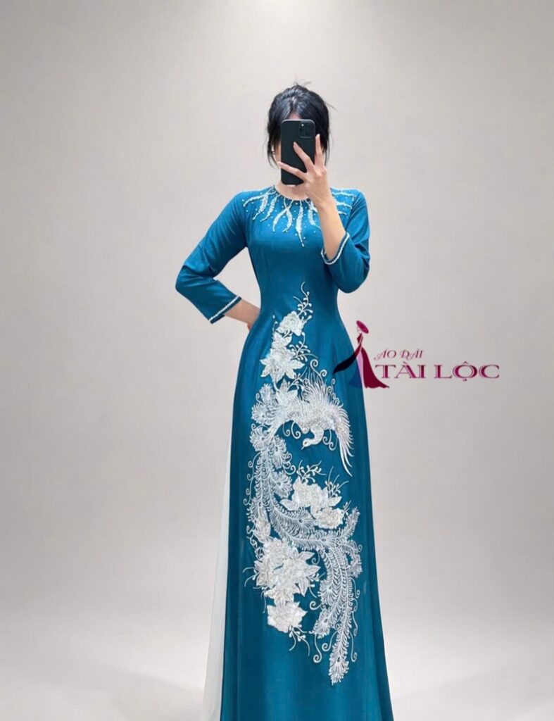 Áo dài bà sui xanh lụa mango-x393