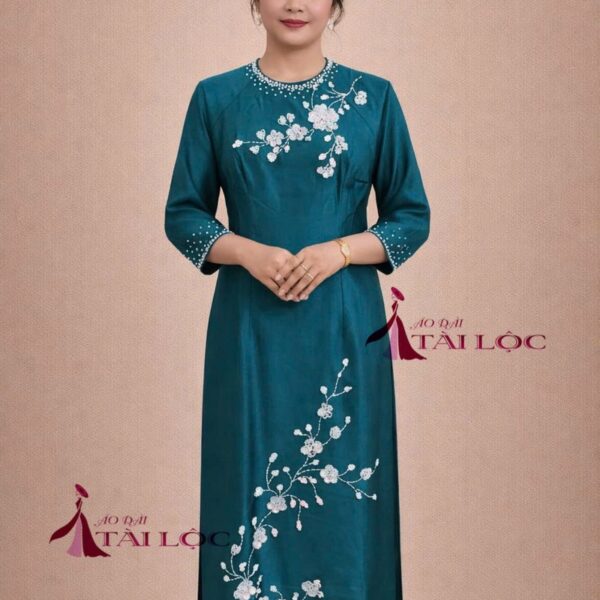 Áo dài bà sui xanh coban lụa Ruby-X377
