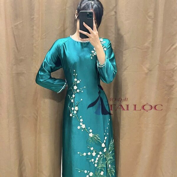 Áo dài bà sui xanh lụa ruby- XL398
