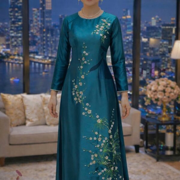 Áo dài bà sui xanh lụa ruby- XL398