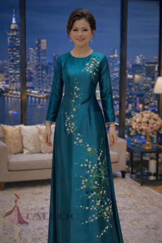 Áo dài bà sui xanh lụa ruby- XL398