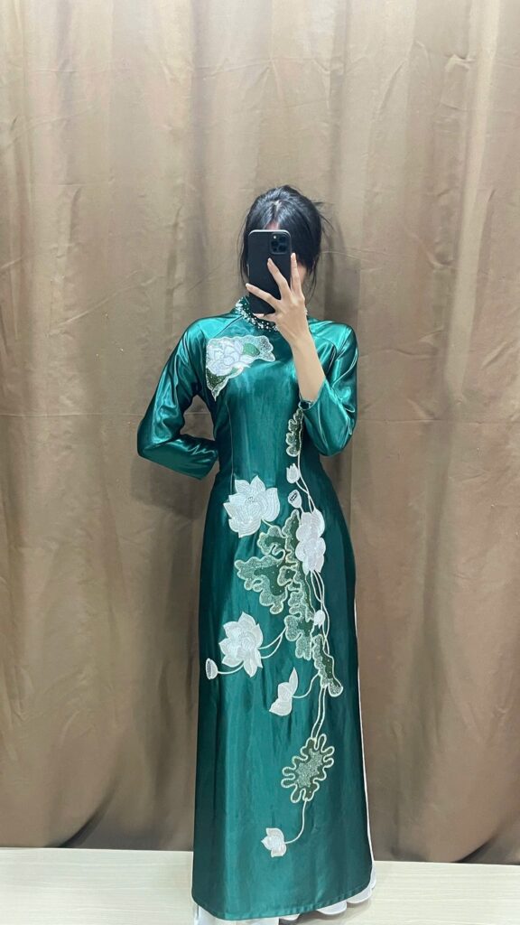 Áo dài bà sui xanh lụa satin-xl392
