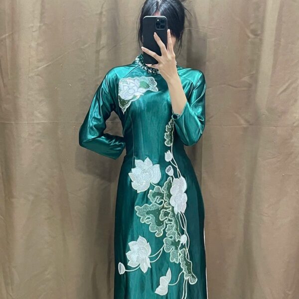 Áo dài bà sui xanh lụa satin-xl392