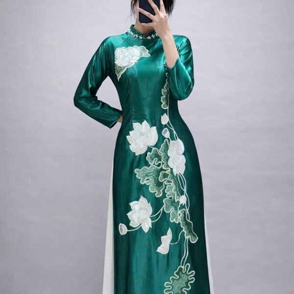 Áo dài bà sui xanh lụa satin-xl392